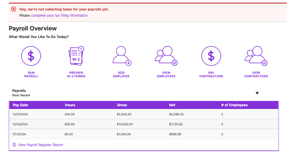 payroll dashboard showing warning tax filing setup is not complete